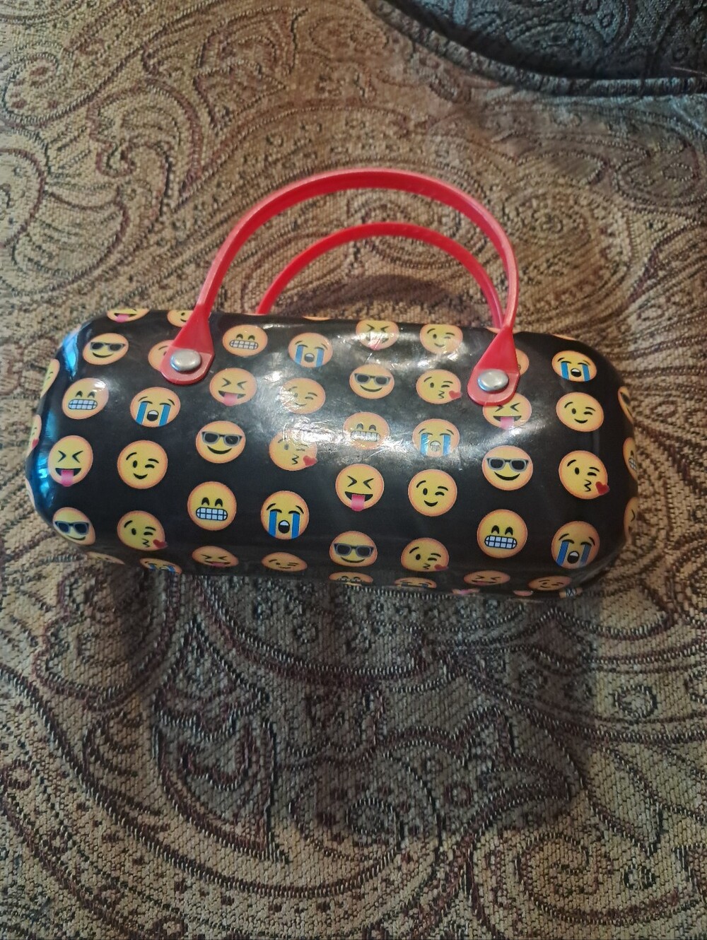 Emoji Print Black Handbag Or Eyeglass Holder with Red Handles